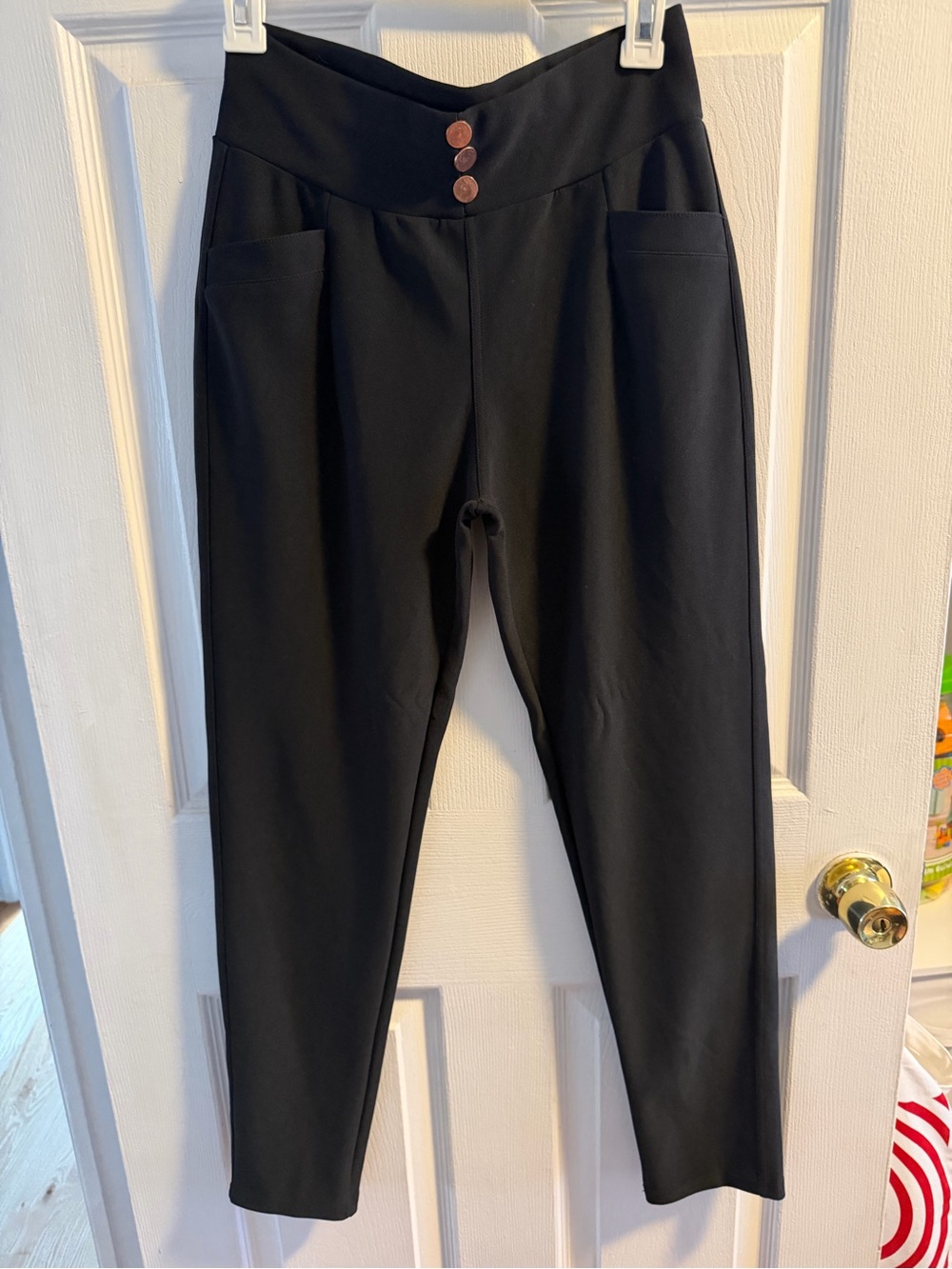 High-Waist Black Women’s Ponte Pants with Front Buttons